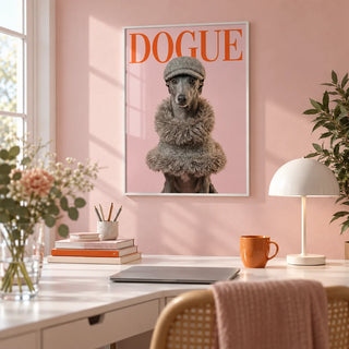 Dressed Up Dog Print, framed on the wall of a bright home office with a pale pink wall