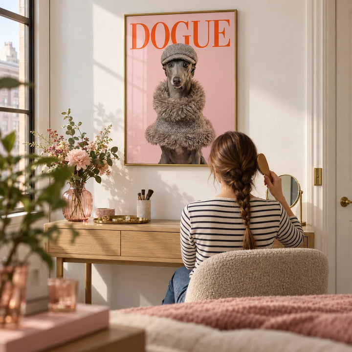 Dressed Up Dog Print, framed on the wall of a chic dressing corner in a city flat with a white wall in a living room