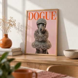 Dressed Up Dog Print, a small A4 framed print leaning on a pale oak shelf in a living room