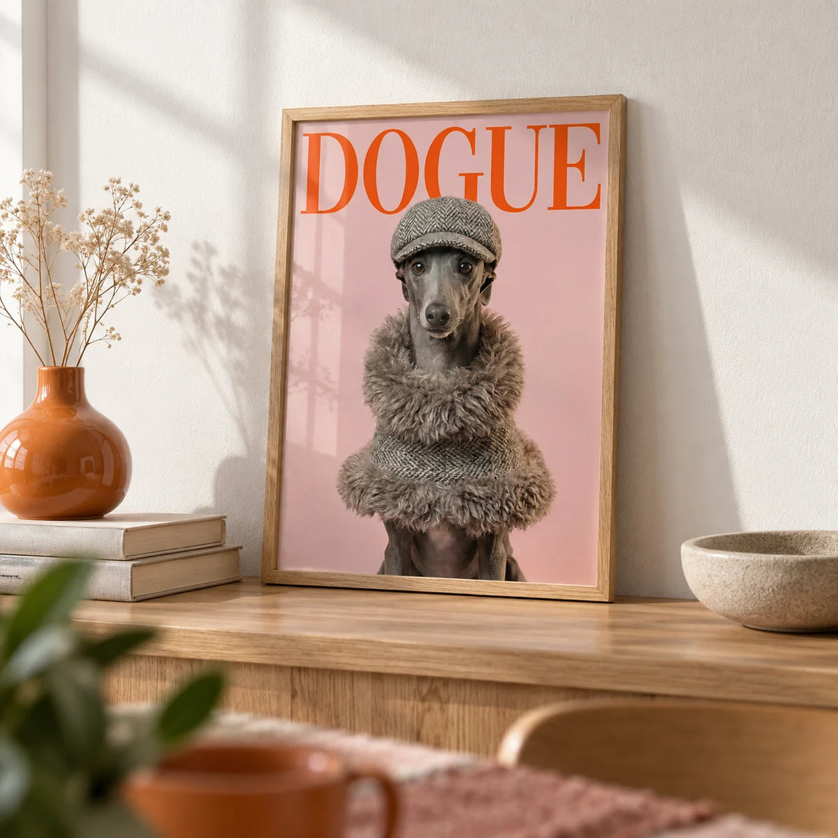Dressed Up Dog Print, a small A4 framed print leaning on a pale oak shelf in a living room