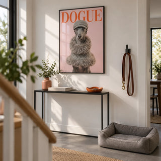 Dressed Up Dog Print, framed on the wall of a smart hallway with a white wall and a grey floor