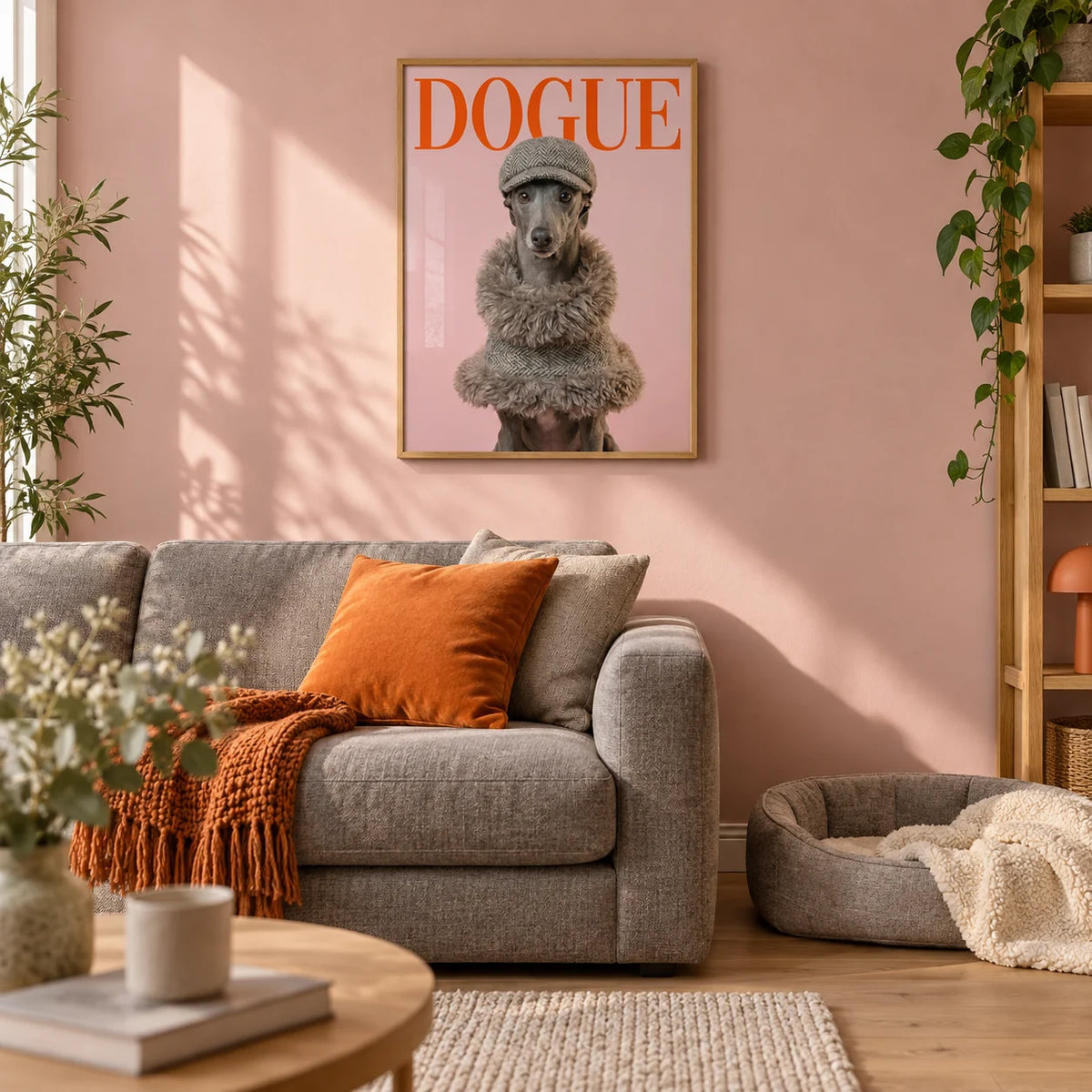 Dressed Up Dog Print, framed on the wall of a stylish first-flat living room (22-28) with a soft dusty pink wall and a pale oak floor