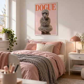 Dressed Up Dog Print, framed on the wall of a stylish teen girl's bedroom (13-17) with a white wall