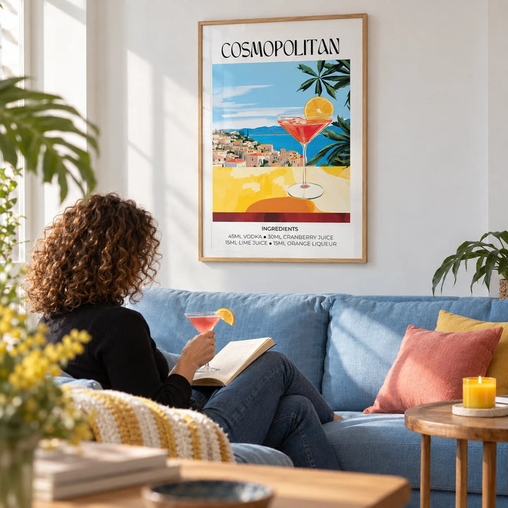 Drink Art, framed on the wall of a bright living room with a white wall