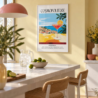 Drink Art, framed on the wall of an open-plan kitchen-diner with a pale yellow wall