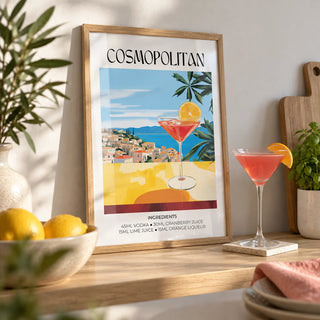 Drink Art, a small A4 framed print leaning on a pale oak kitchen shelf