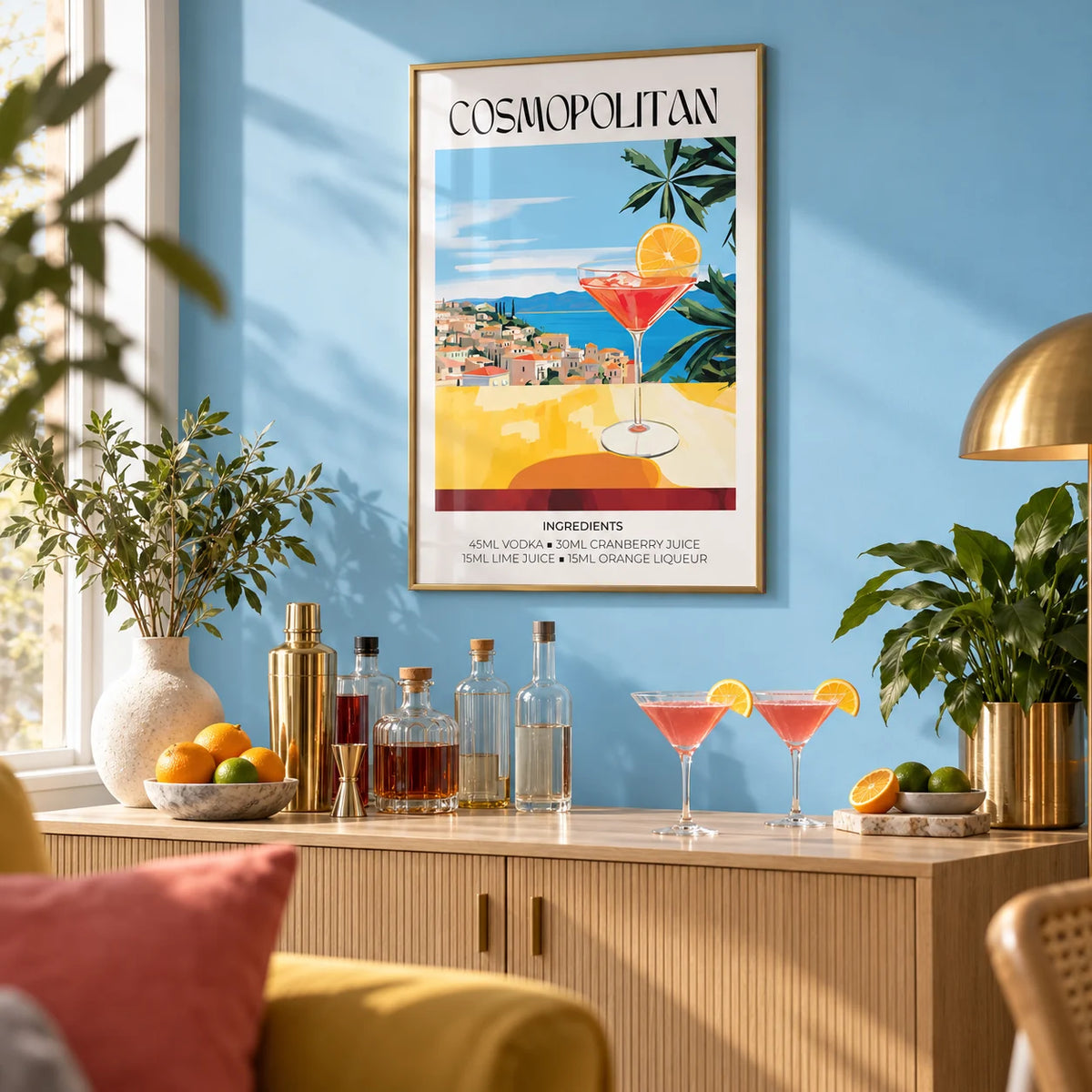 Drink Art, framed on the wall of a stylish home bar corner in a living room with a sky blue painted wall