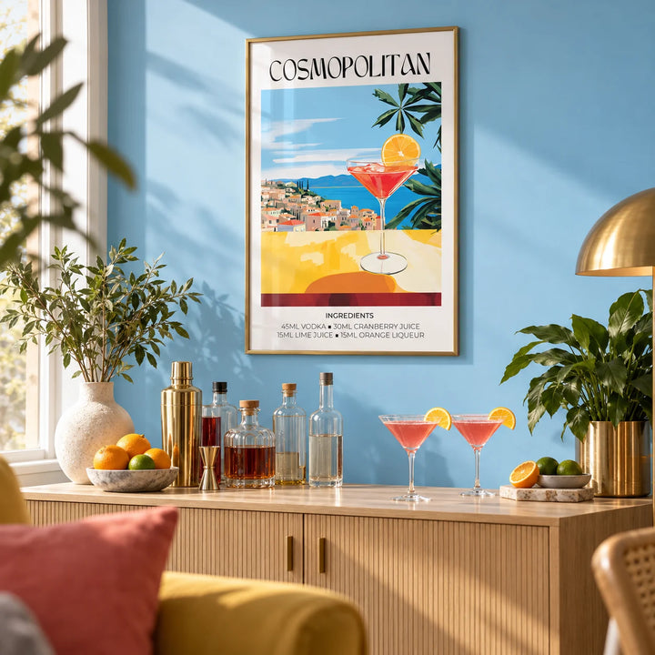 Drink Art, framed on the wall of a stylish home bar corner in a living room with a sky blue painted wall