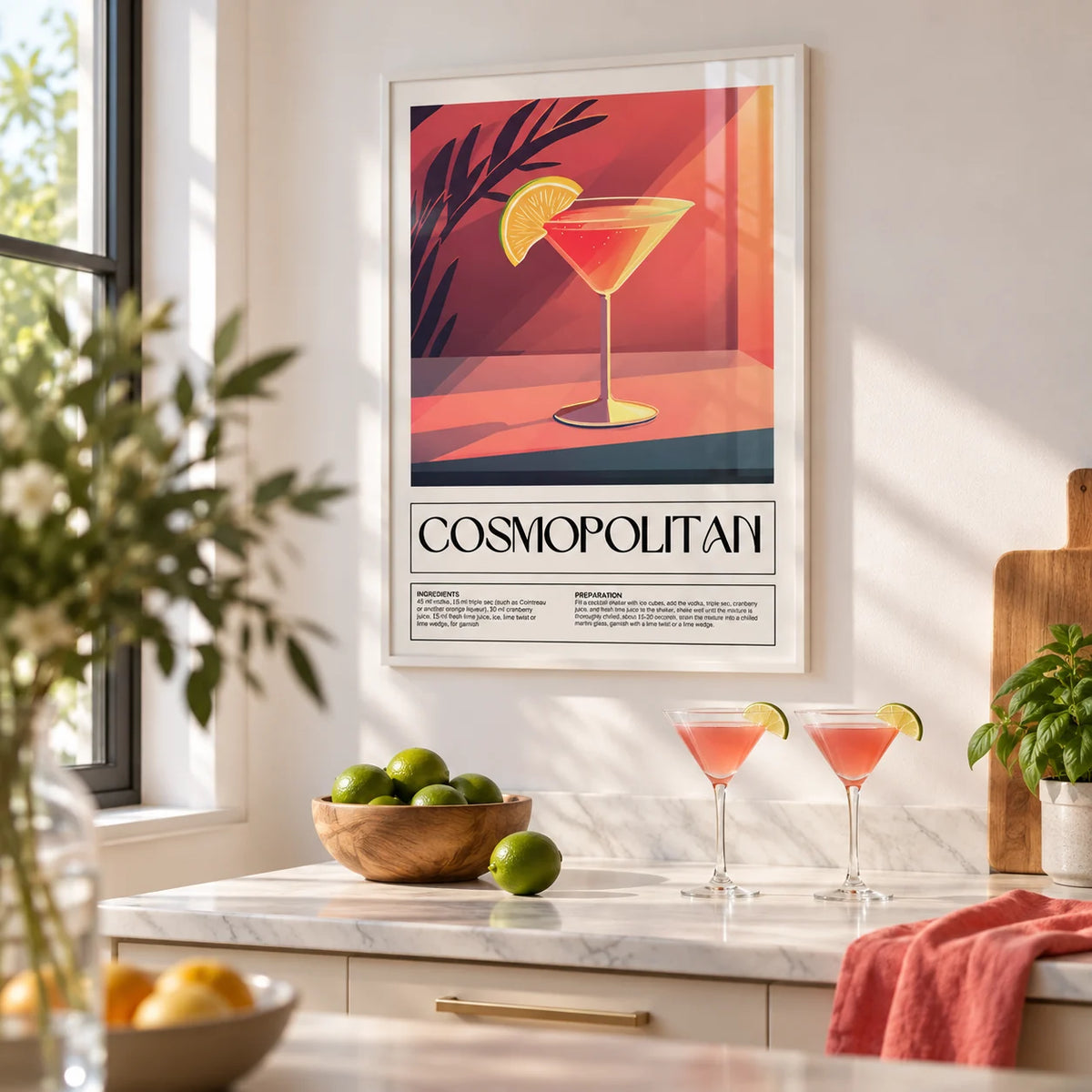Drink Poster Art, framed on the wall of a bright modern kitchen