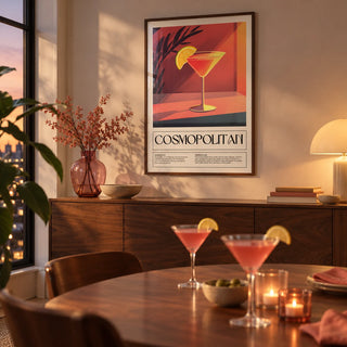 Drink Poster Art, framed on the wall of a dining room in the evening