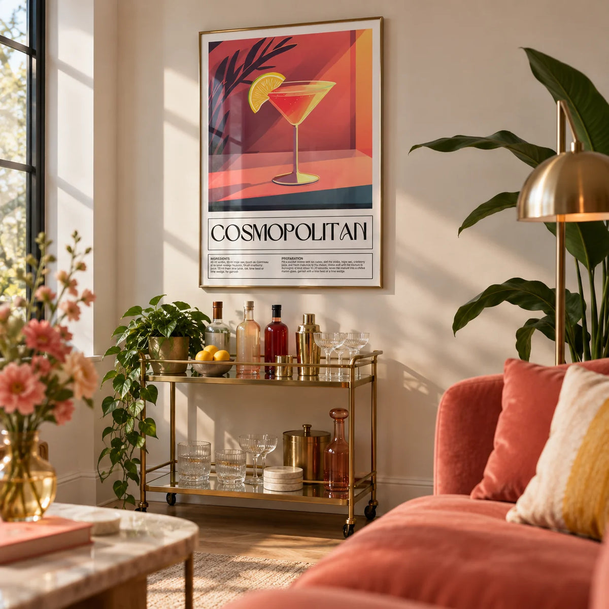Drink Poster Art, framed on the wall of a modern living room