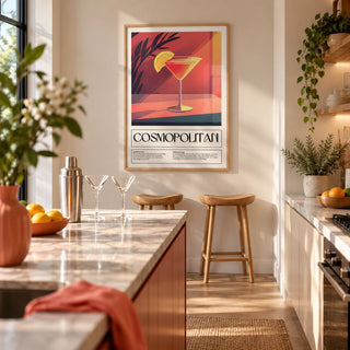 Drink Poster Art, framed on the wall of an open kitchen with an island