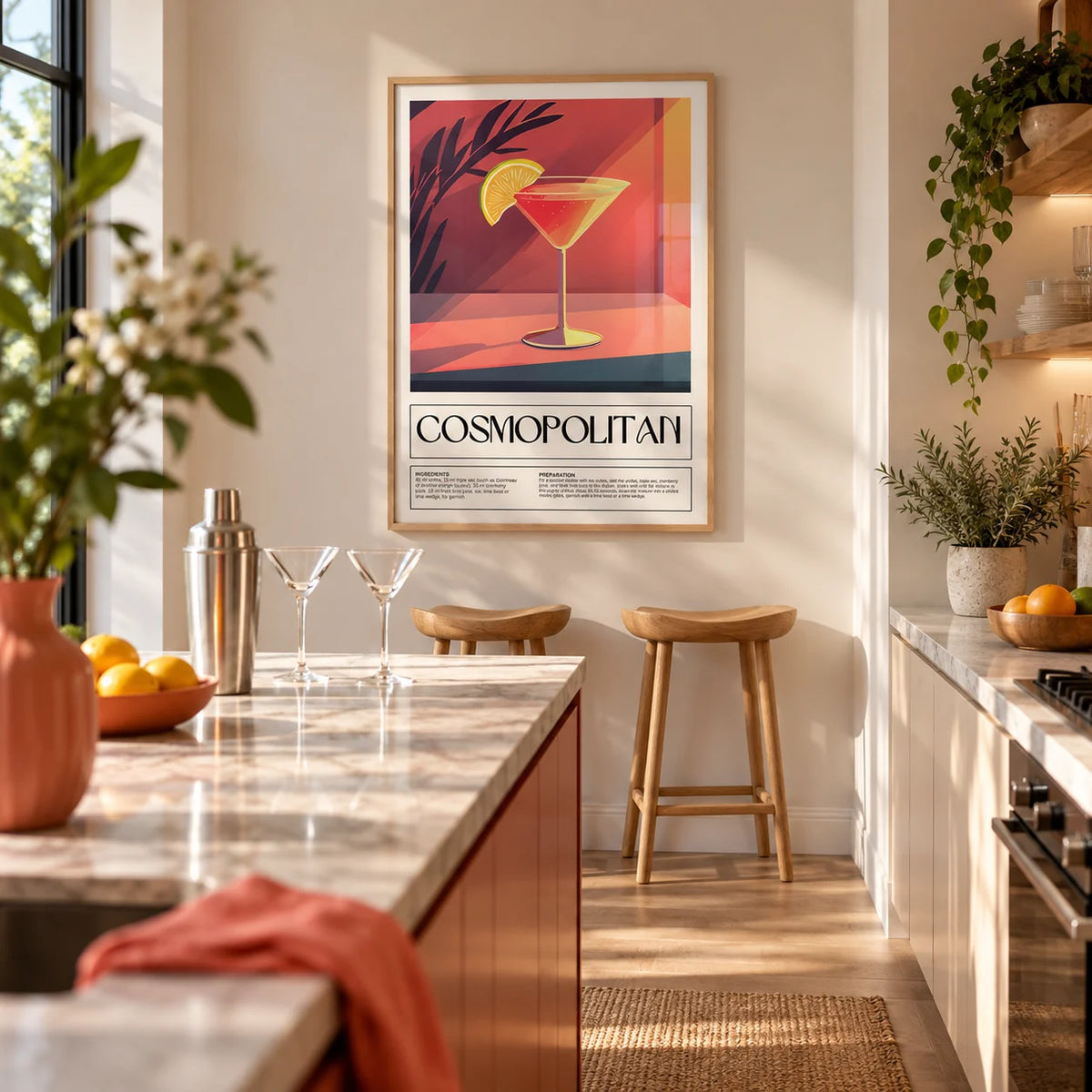 Drink Poster Art, framed on the wall of an open kitchen with an island