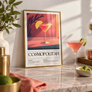 Drink Poster Art, a small A4 framed print leaning on a shelf in a living room