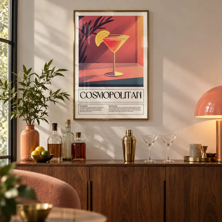 Drink Poster Art, framed on the wall of a stylish home bar corner in a living room