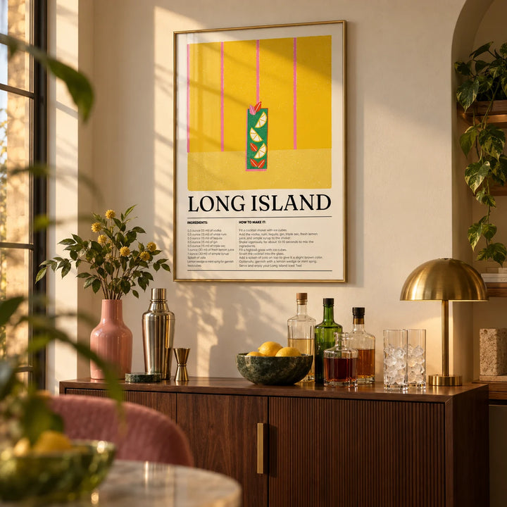 Drink Print, framed on the wall of a stylish home bar corner in a living room
