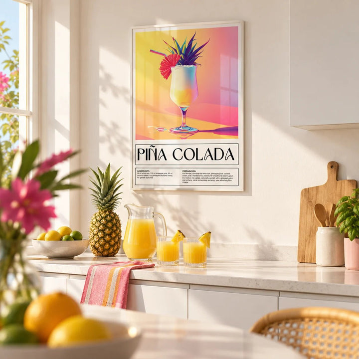 Drink Wall Art, framed on the wall of a bright summer kitchen