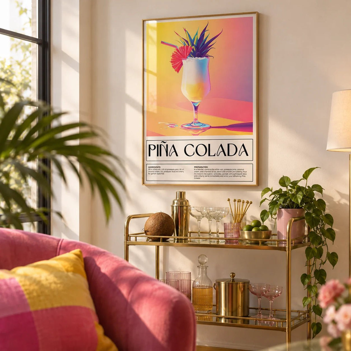 Drink Wall Art, framed on the wall of a cheerful living room
