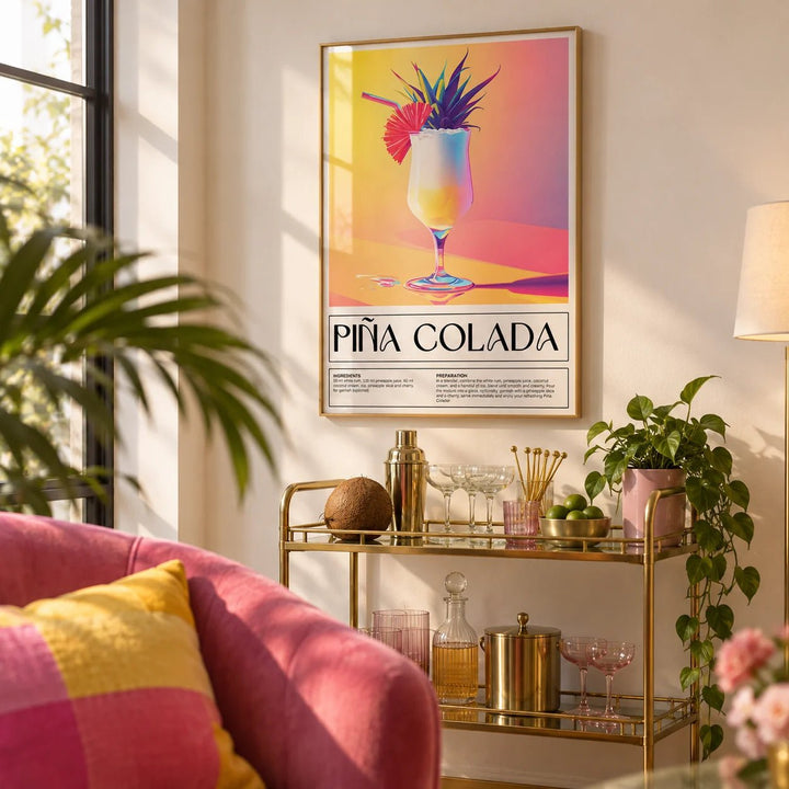 Drink Wall Art, framed on the wall of a cheerful living room