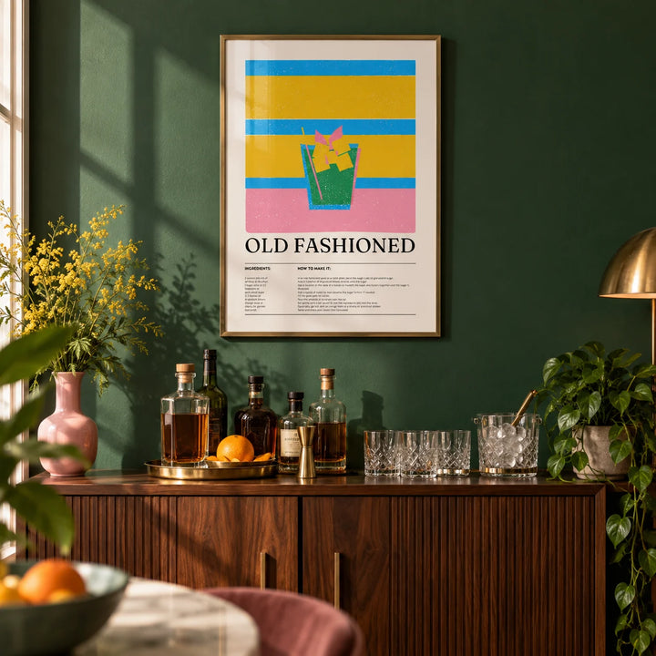 Drink Wall Art for Kitchen, framed on the wall of a home bar with a deep green painted wall in a living room