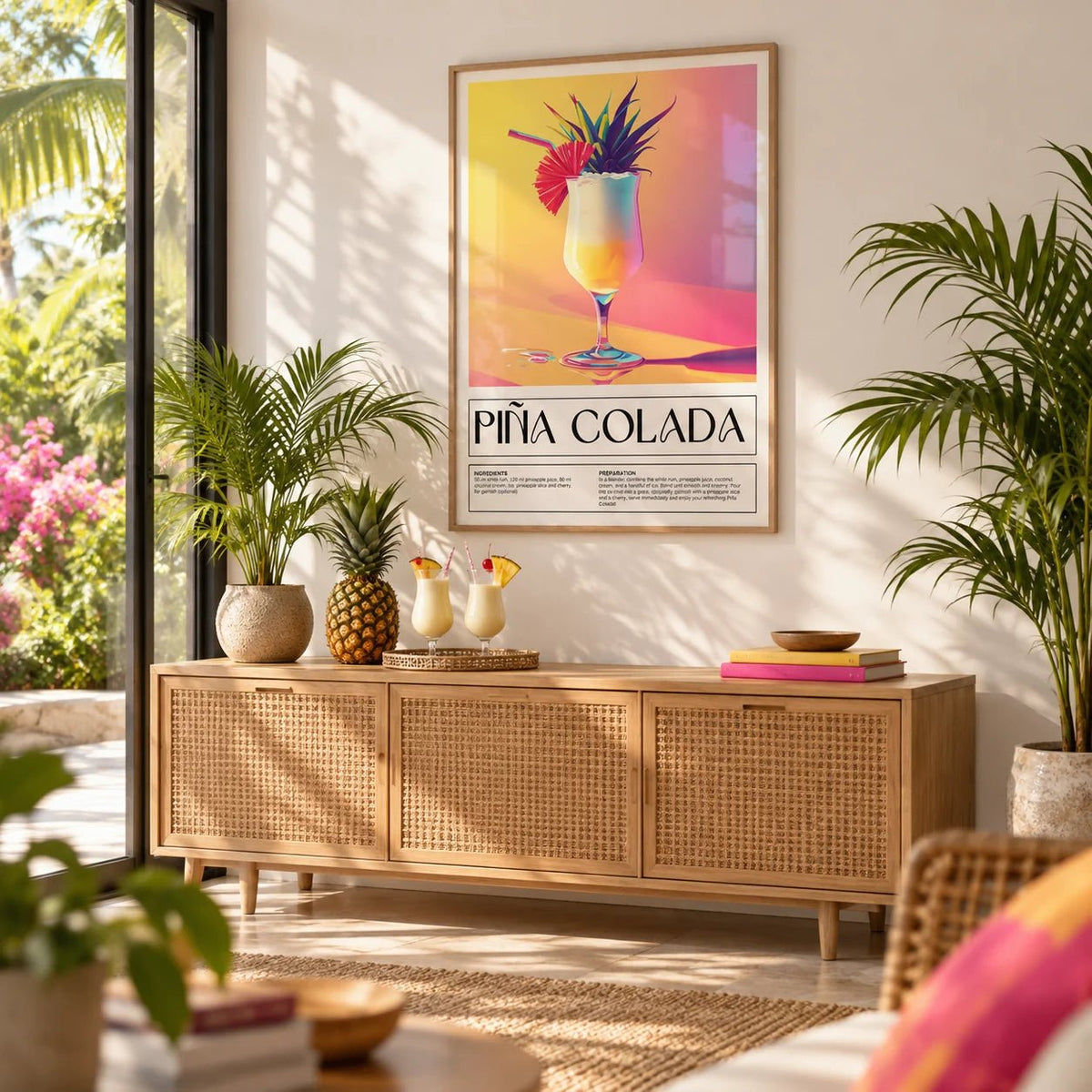 Drink Wall Art, framed on the wall of a garden room with glass doors in a living room
