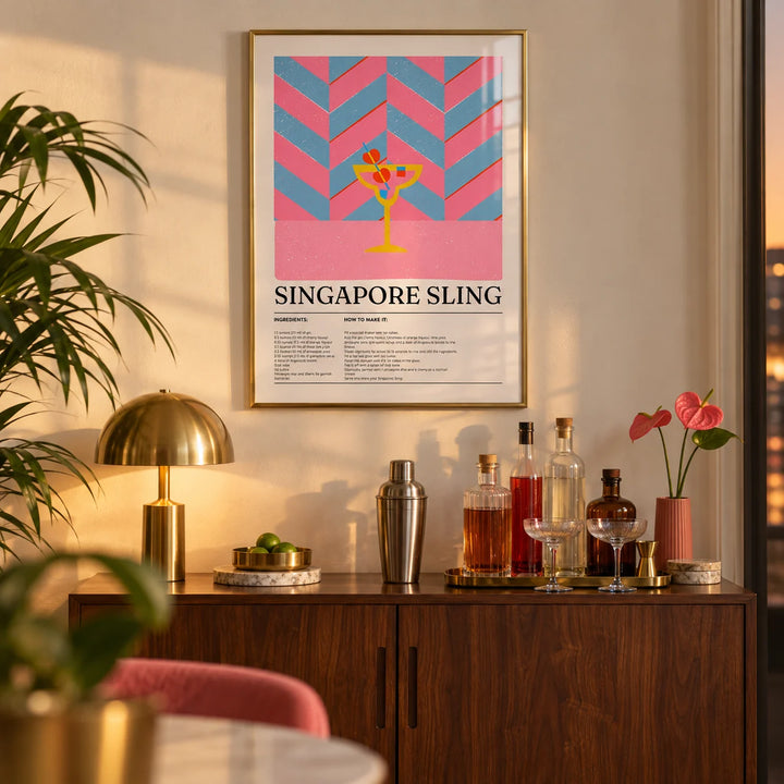 Drinks Art, framed on the wall of a stylish home bar corner in a living room