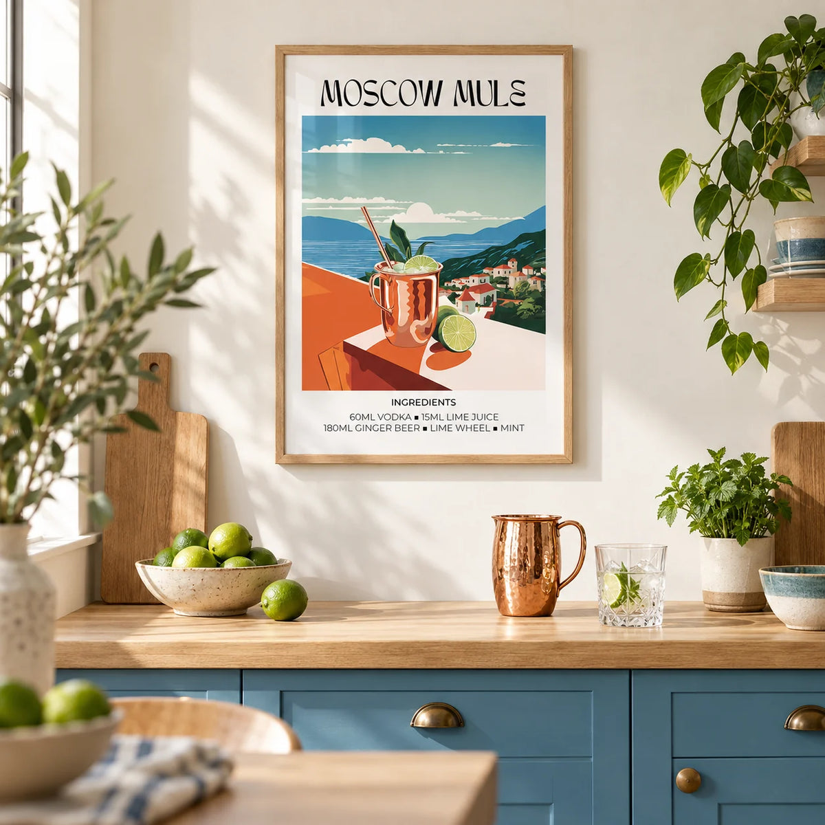 Drinks artwork, framed on the wall of a bright modern kitchen with a cream wall and sea blue painted cabinets