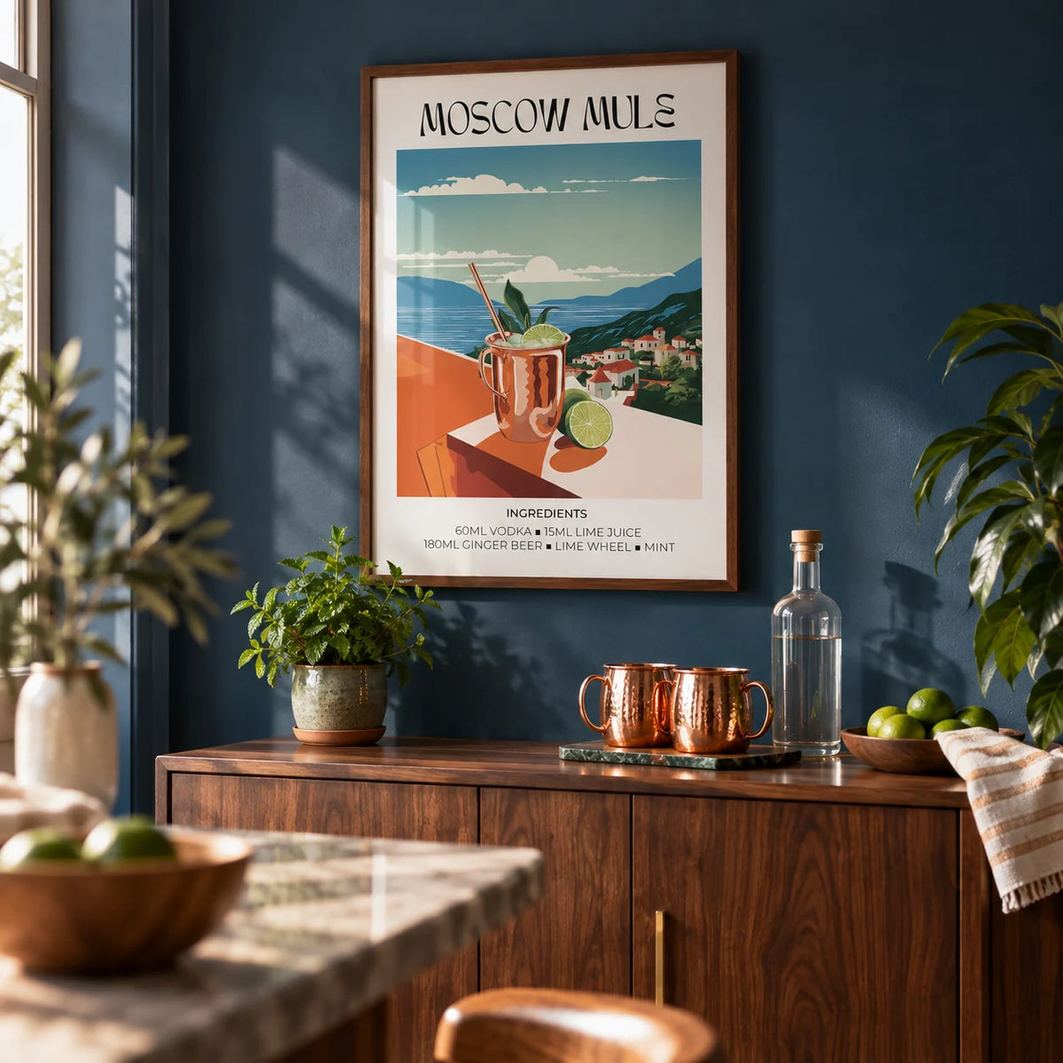 Drinks artwork, framed on the wall of a home bar corner with a deep blue painted wall in a living room