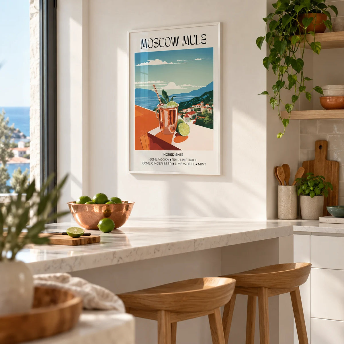 Drinks artwork, framed on the wall of a modern white kitchen with a breakfast bar and two oak stools