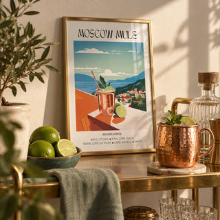 Drinks artwork, a small A4 framed print leaning on a brass bar cart shelf in a living room