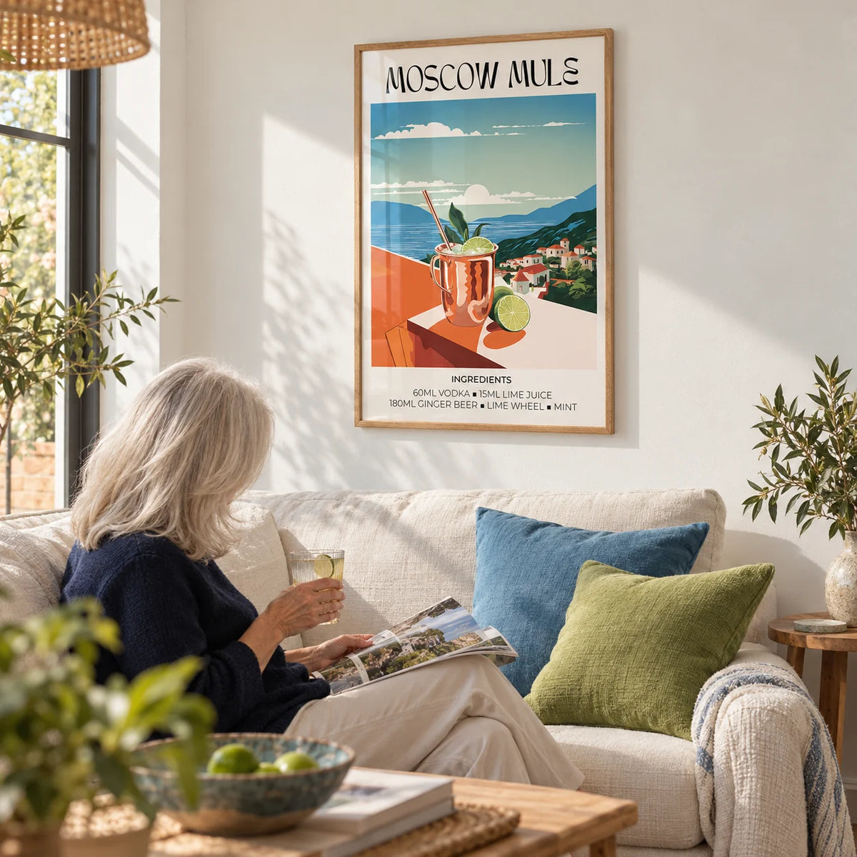 Drinks artwork, framed on the wall of a sunny garden room living space with a white wall in a living room