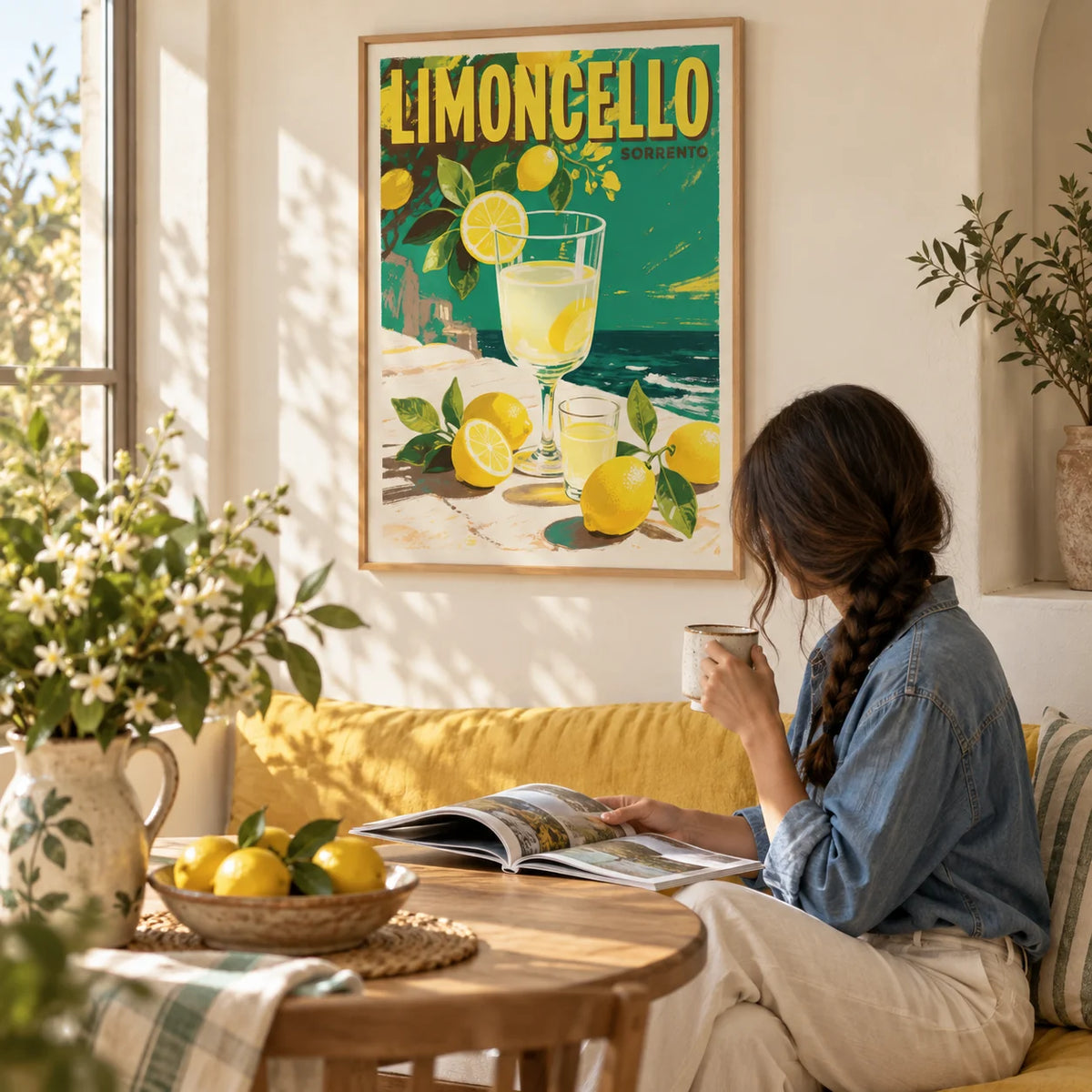 Drinks Wall Art, framed on the wall of a bright breakfast nook with a cream wall in a kitchen