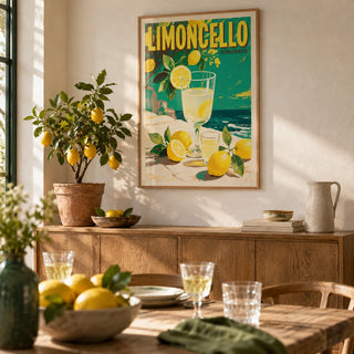 Drinks Wall Art, framed on the wall of a relaxed Italian-style dining room with a warm white limewashed wall