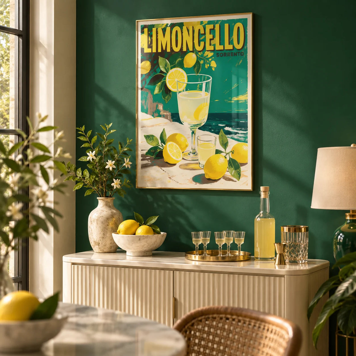 Drinks Wall Art, framed on the wall of a stylish home bar corner with an emerald green painted wall in a living room