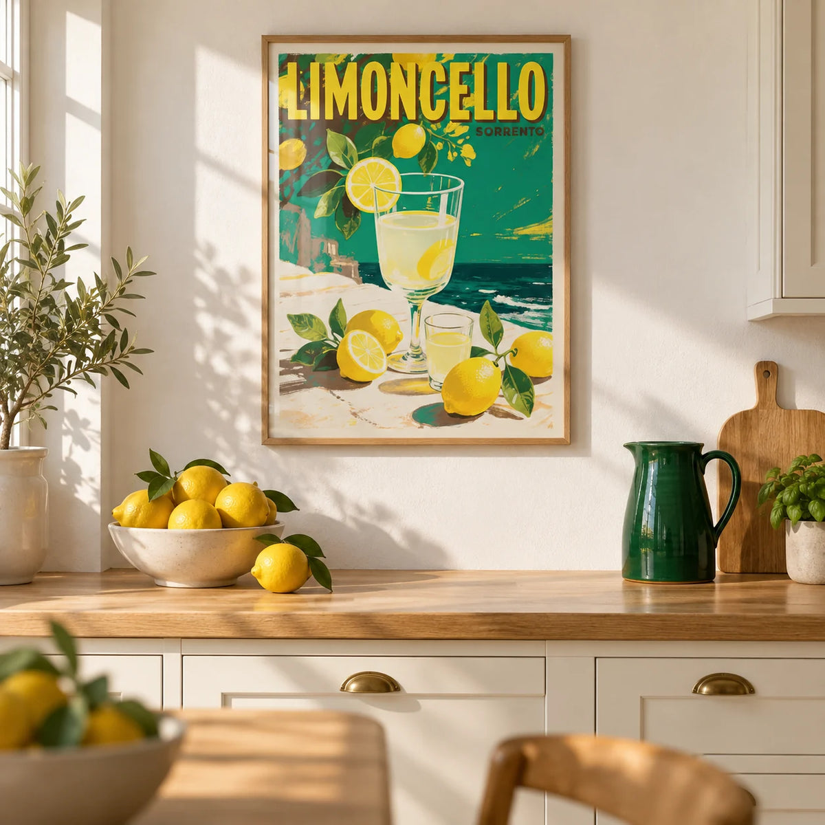 Drinks Wall Art, framed on the wall of a sunny kitchen with cream cabinets and a white wall