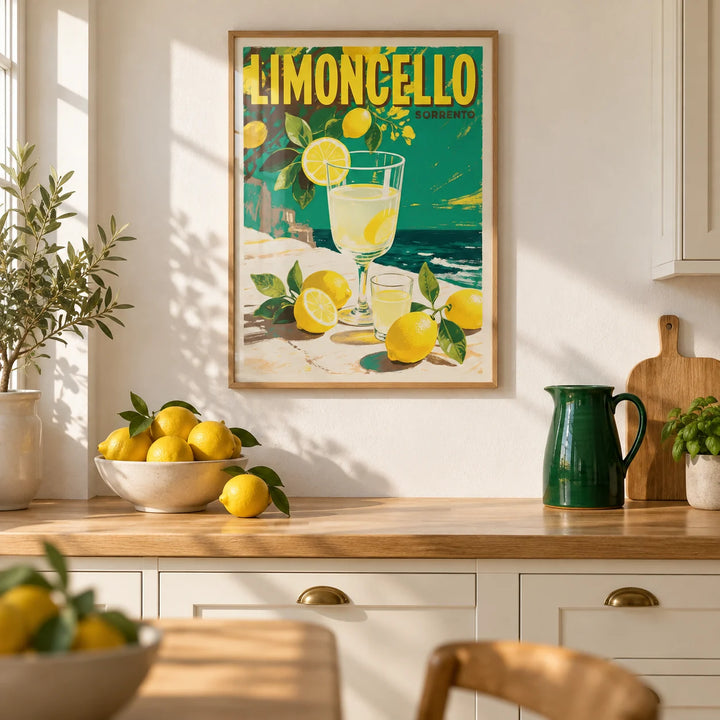 Drinks Wall Art, framed on the wall of a sunny kitchen with cream cabinets and a white wall