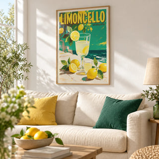 Drinks Wall Art, framed on the wall of a sunny living room with a white wall