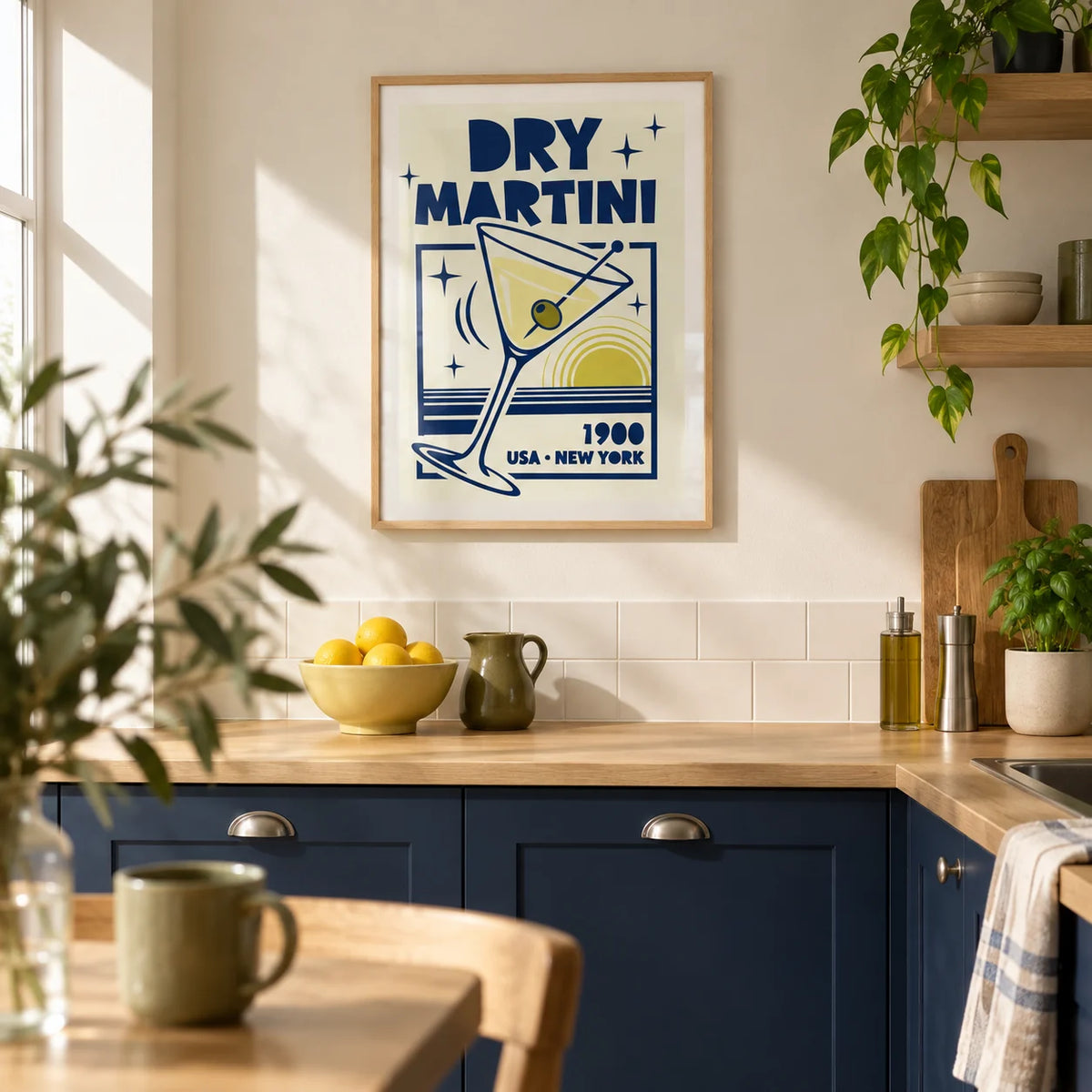 Dry Martini Poster, framed on the wall of a bright modern kitchen in a UK first flat for a couple aged 25-35