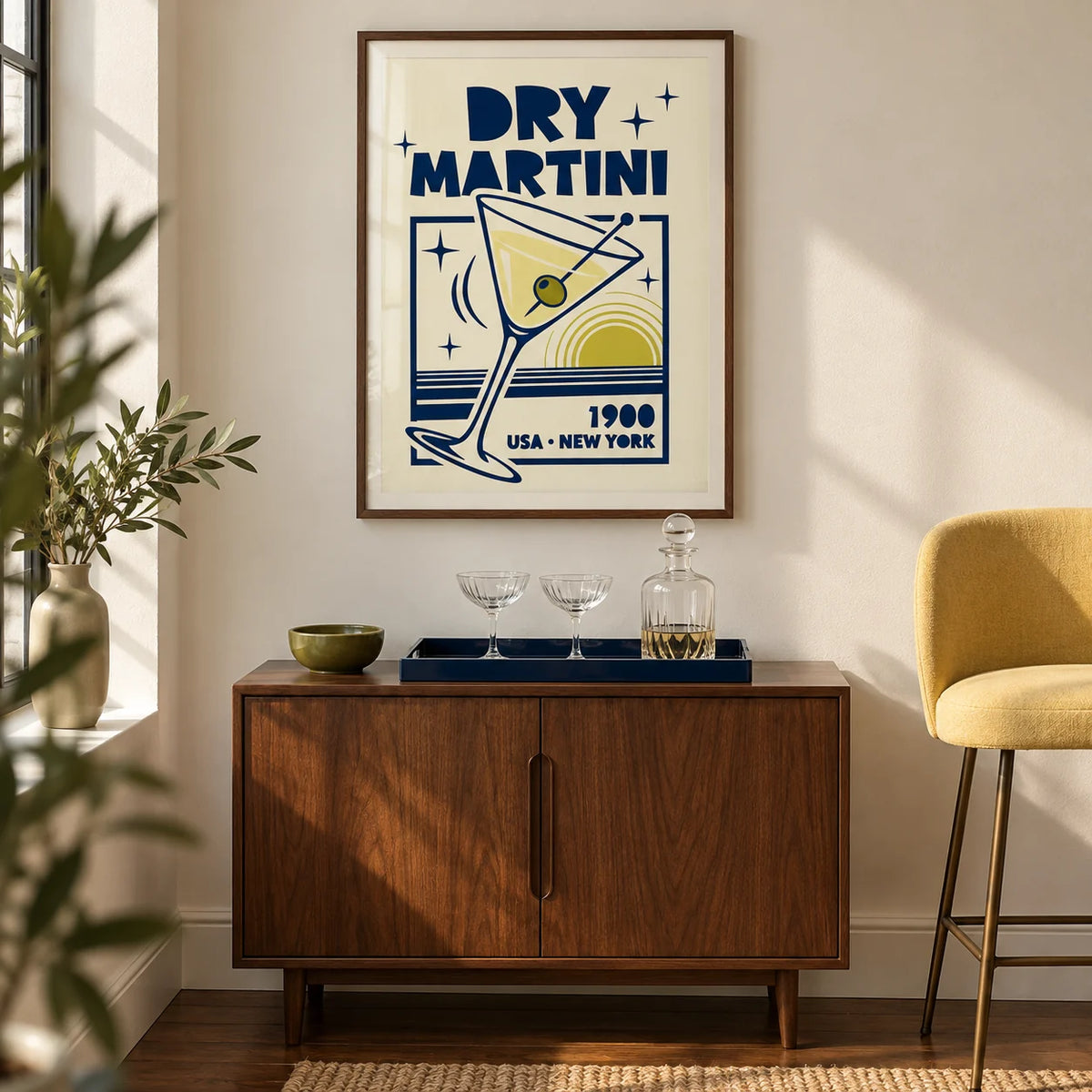 Dry Martini Poster, framed on the wall of a compact home bar in a design-led UK city flat with a cream wall and walnut floor in a living room