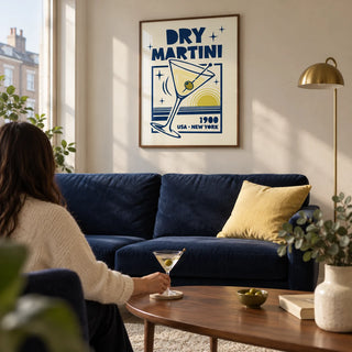 Dry Martini Poster, framed on the wall of a relaxed modern living room in a UK city flat with a cream wall and a walnut coffee table
