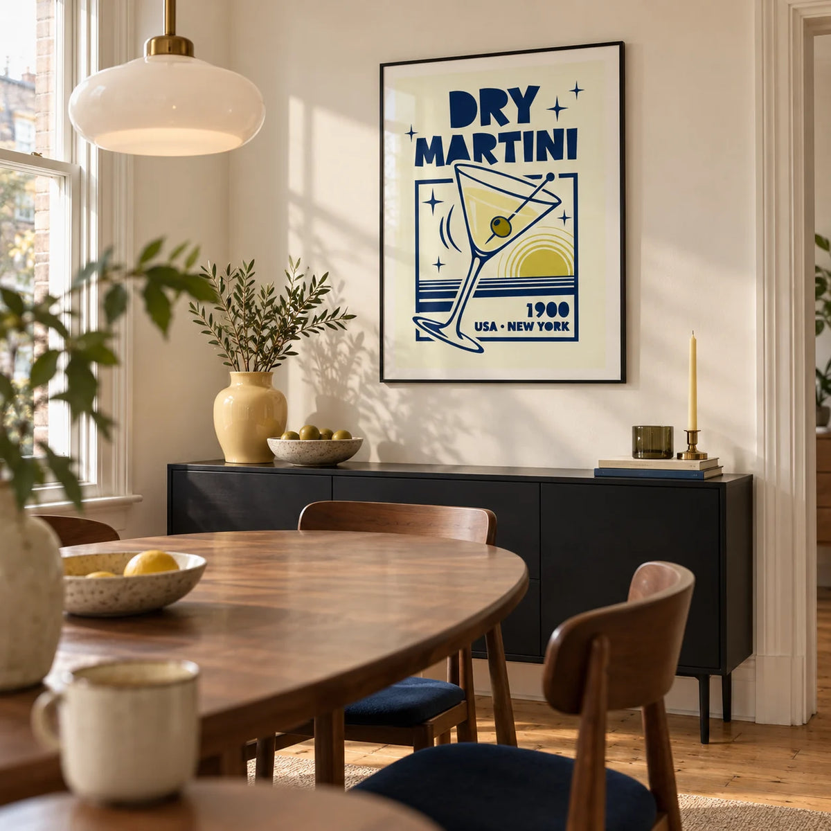 Dry Martini Poster, framed on the wall of a retro modern dining room in a UK terrace with warm white walls and oak floorboards