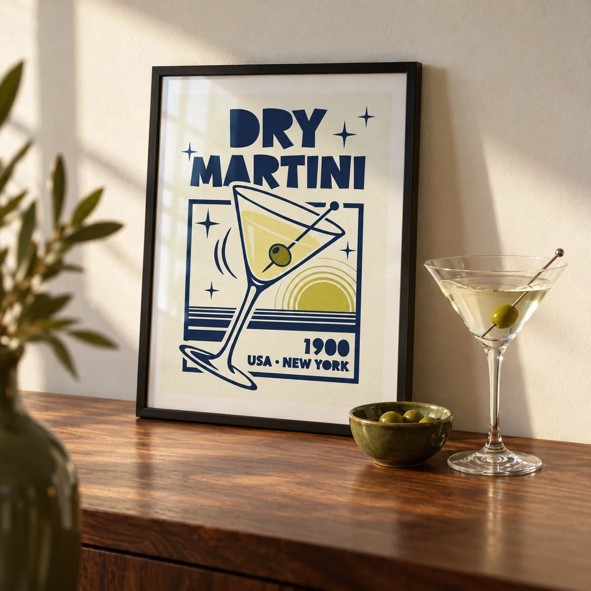 Dry Martini Poster, a small A4 framed print leaning on a walnut home-bar worktop in a kitchen