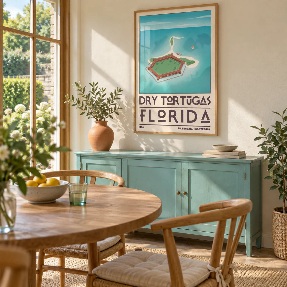 Dry Tortugas National Park Print, framed on the wall of a bright dining sunroom in a UK family home with cream walls