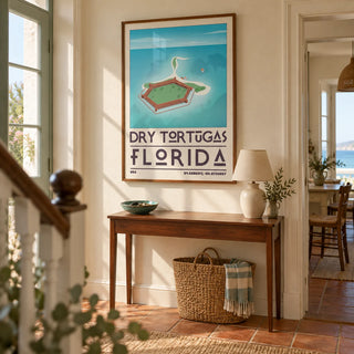 Dry Tortugas National Park Print, framed on the wall of a characterful hallway in a British seaside house with warm ivory walls and a plain terracotta tiled floor