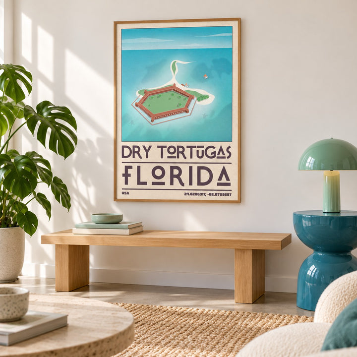 Dry Tortugas National Park Print shown in a minimalist living room with an oak bench (frame not included)