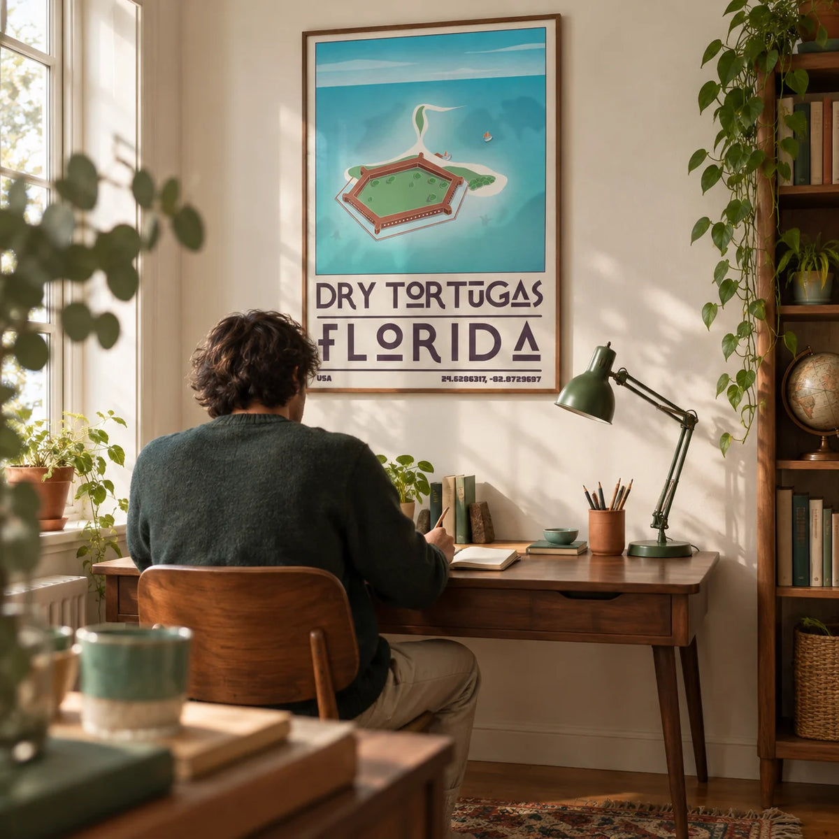 Dry Tortugas National Park Print, framed on the wall of a relaxed travel lover's study in a UK terraced house with pale cream walls and an oak floor