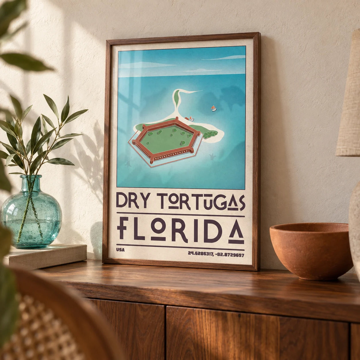 Dry Tortugas National Park Print, a small A4 framed print leaning on a walnut sideboard in a living room