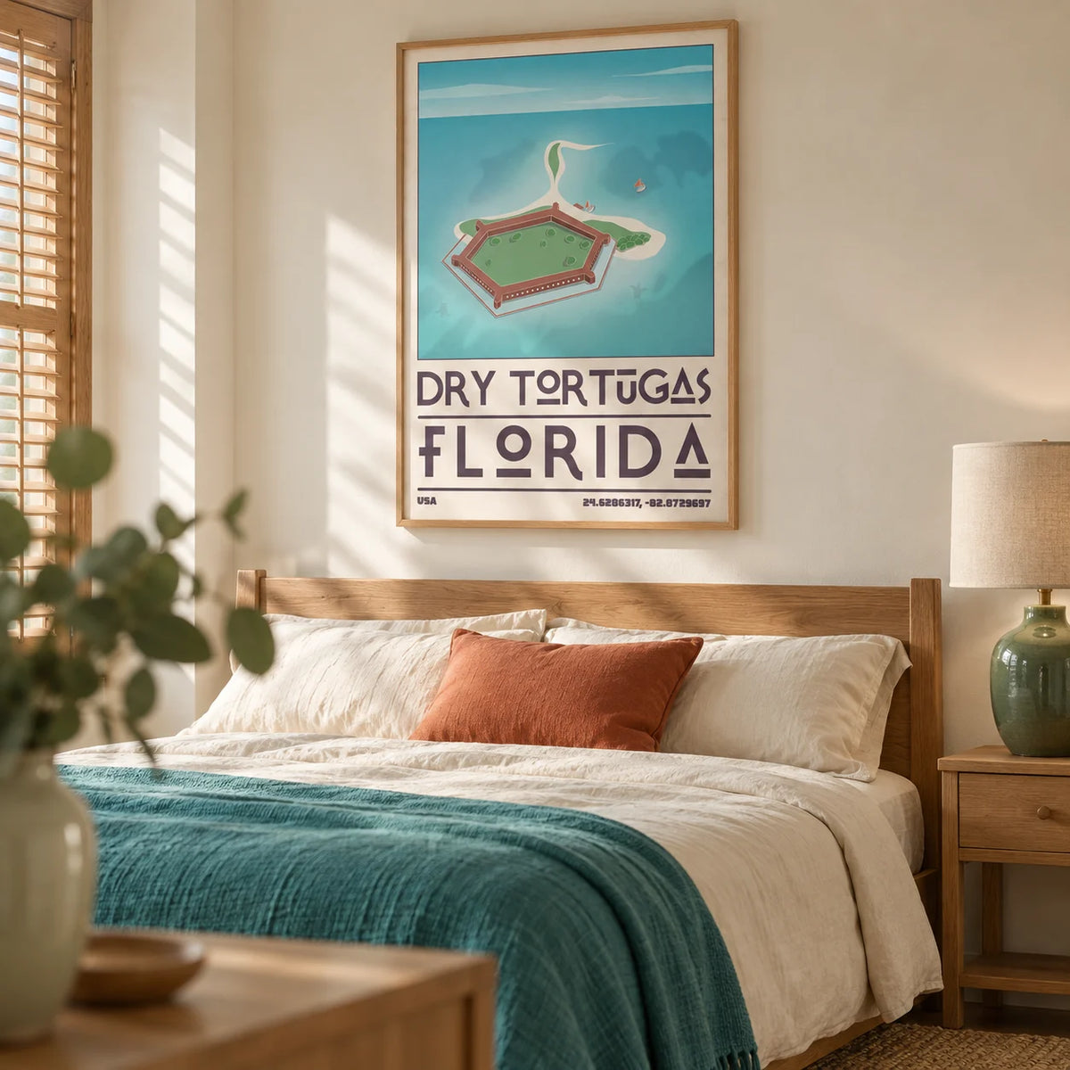Dry Tortugas National Park Print, framed on the wall of a warm coastal bedroom in a UK flat with cream walls and simple wooden shutters