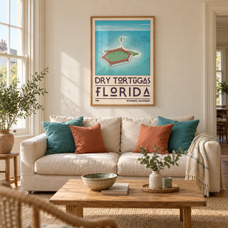 Dry Tortugas National Park Print, framed on the wall of a warm coastal living room in a UK Victorian terrace with cream plaster walls and honey-coloured floorboards