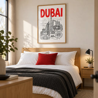 Dubai City Wall Art, framed on the wall of a calm contemporary double bedroom for a travel-loving couple with a warm white wall and oak furniture